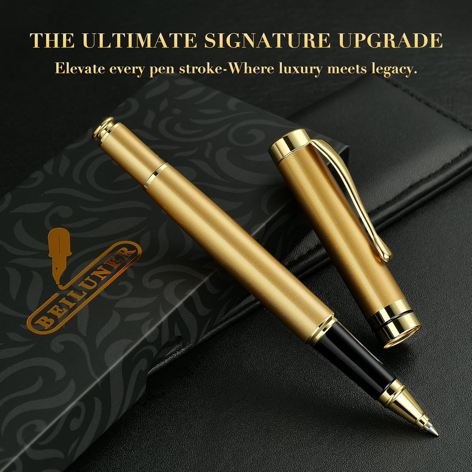 Detalle de BEILUNER Stainless Steel Pen Set with Golden Trim, Black Ink and Gift Box