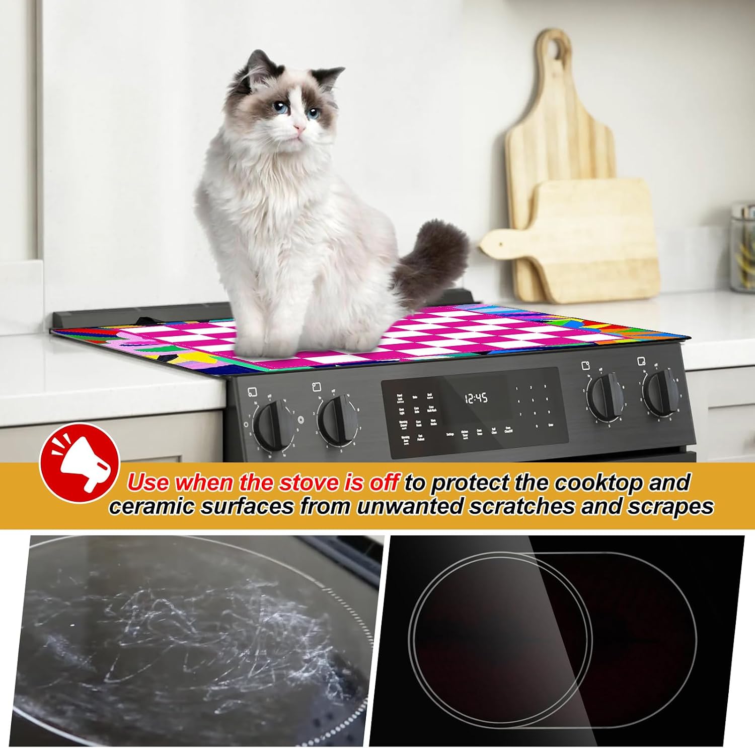 Detalle 2 de KitchenRaku Stove Cover, 52x78 cm Silicone Cooktop Protector, Checkered & Floral