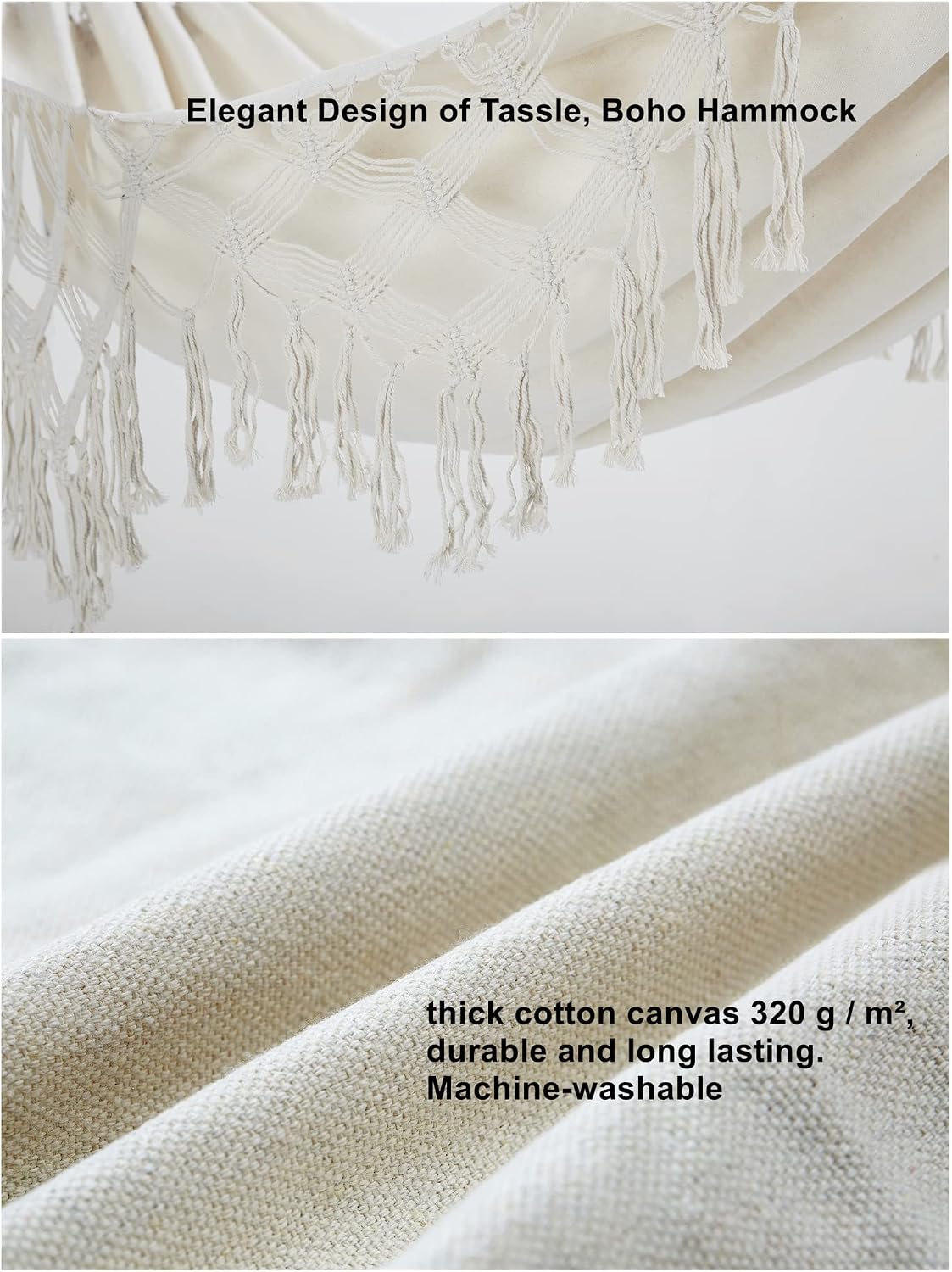 Thumbnail 2 de Outdoor Garden Hammock Double 2 Person Brazilian Cotton Hammock – Beige (240x150cm, 450lbs)