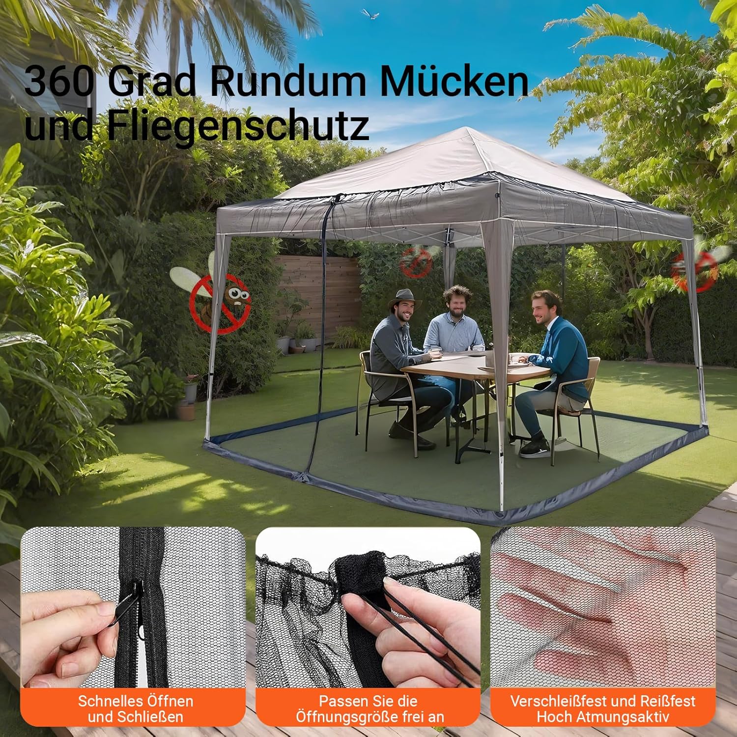Detalle de Moustiquaire pour tonnelle 3x3m avec deux portes et base d'eau – filet anti-insectes noir