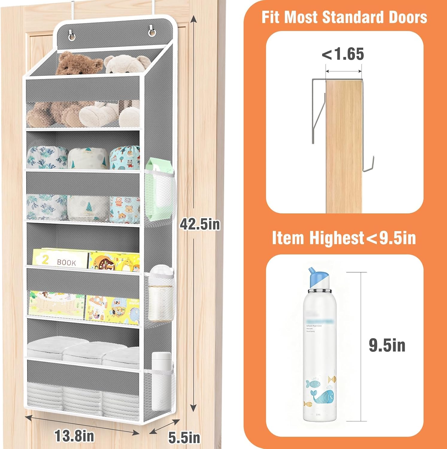 Detalle de WISELIFE Over-the-Door Organizer with 4 Shelves, Mesh Pockets and 40 lb Capacity