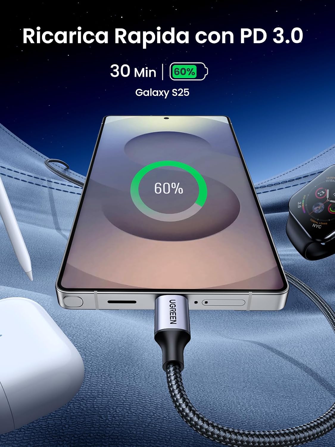 Detalle de UGREEN Cavo USB-C PD 60W da 3 m per dispositivi