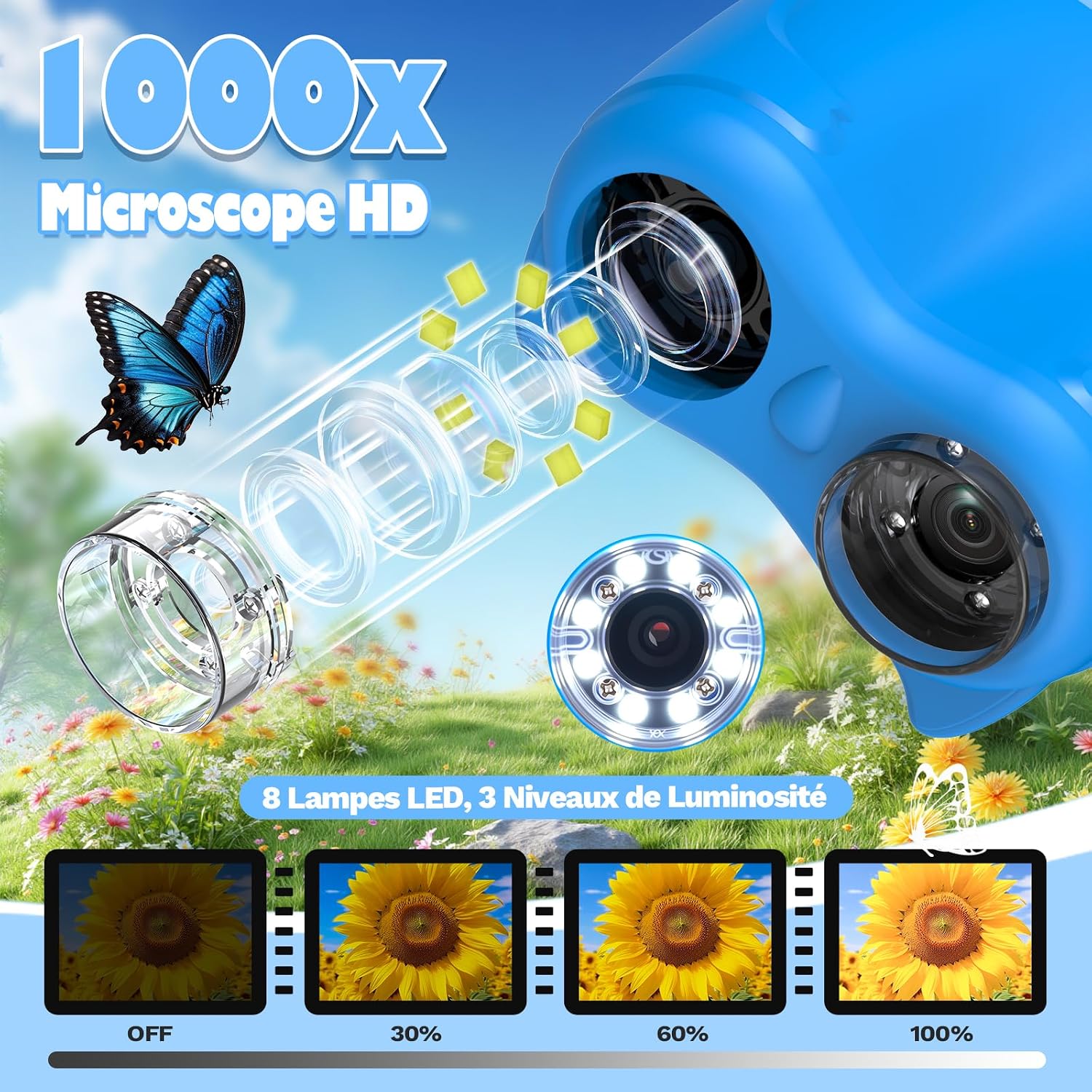 Detalle de ASPOVEN 2 en 1 : Microscope et Télescope Numérique pour Enfant – Écran HD 2 pouces, 1000x / 1000 m (Bleu)