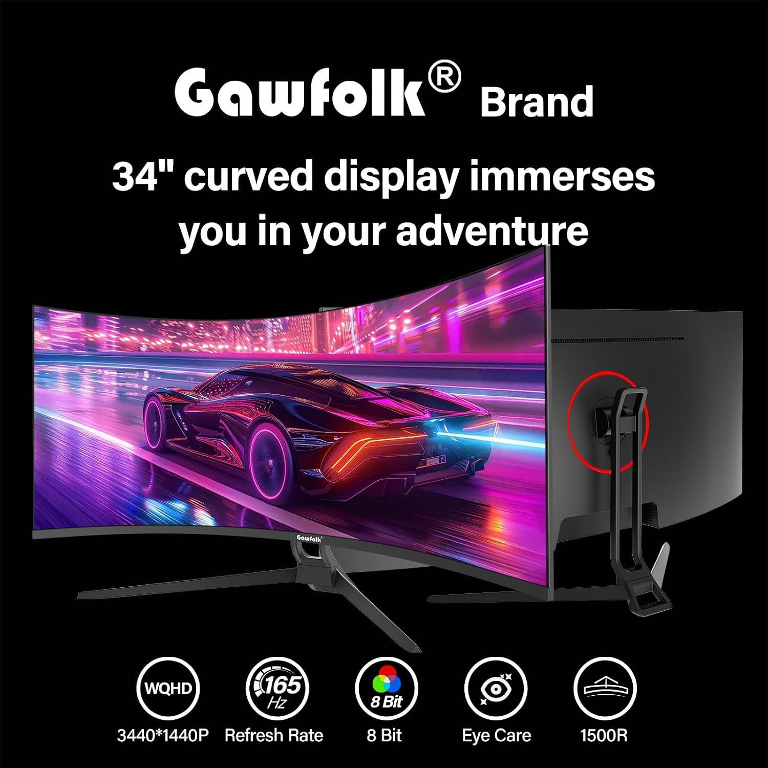 Detalle de Gawfolk 34 Inch Ultrawide Curved Gaming Monitor 165Hz