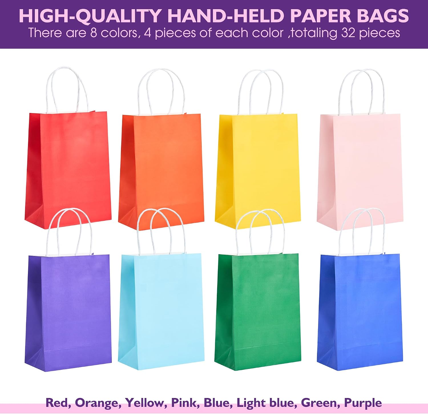 Thumbnail 1 de 32-Pack Kraft Gift Bags with Handles (5.8" x 3.2" x 8.25"), 8 Colors