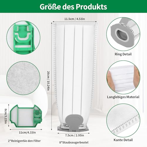 Detalle 2 de Awinker 12 Stück Staubsaugerbeutel und 2 Filter für Vorwerk Kobold VK7 FP7 – Premium Filtertüten & Akku-Beutel