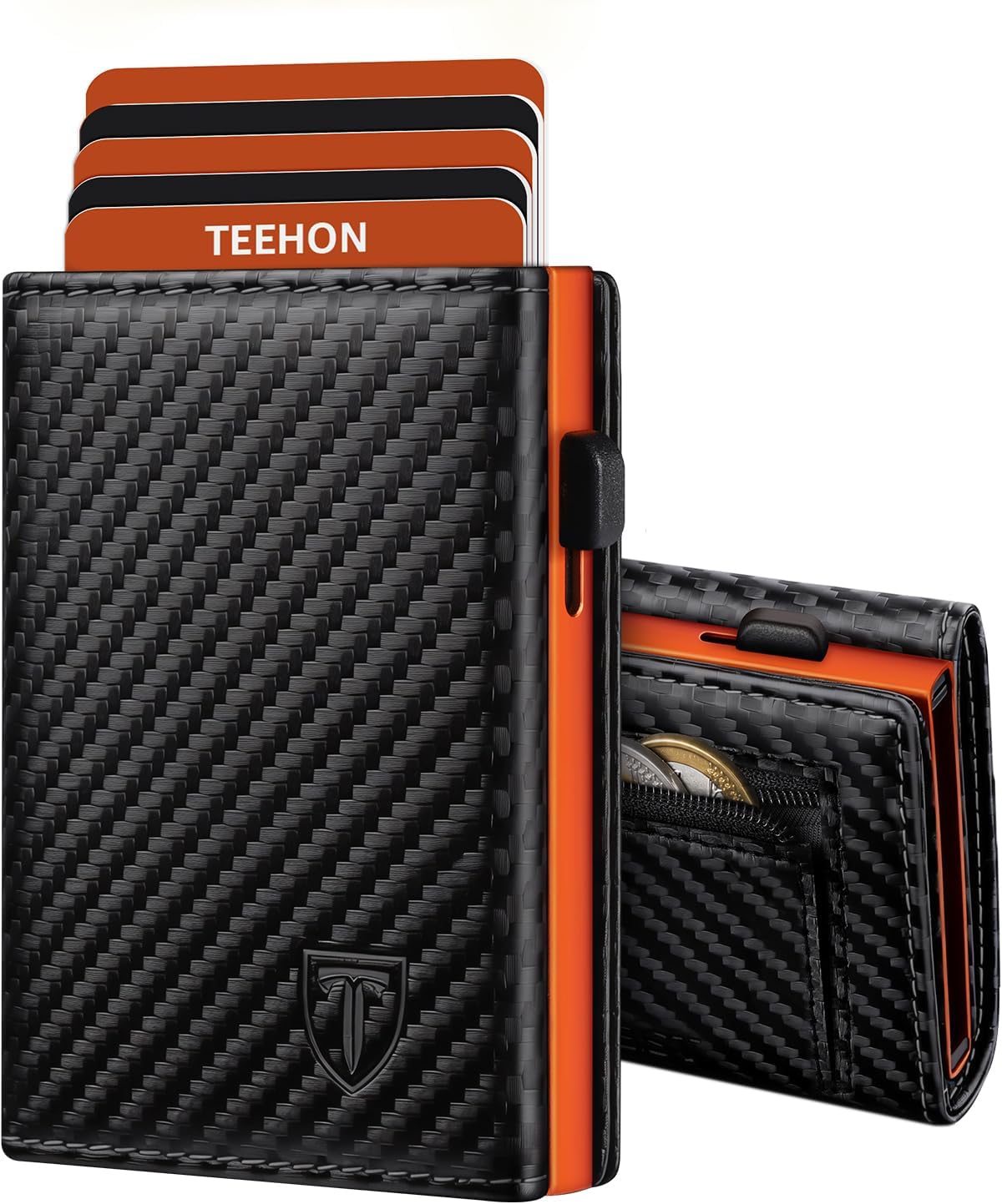 Detalle de Portafoglio uomo TEEHON slim RFID con blocco magnetico, porta carte pop-up e tasca con cerniera