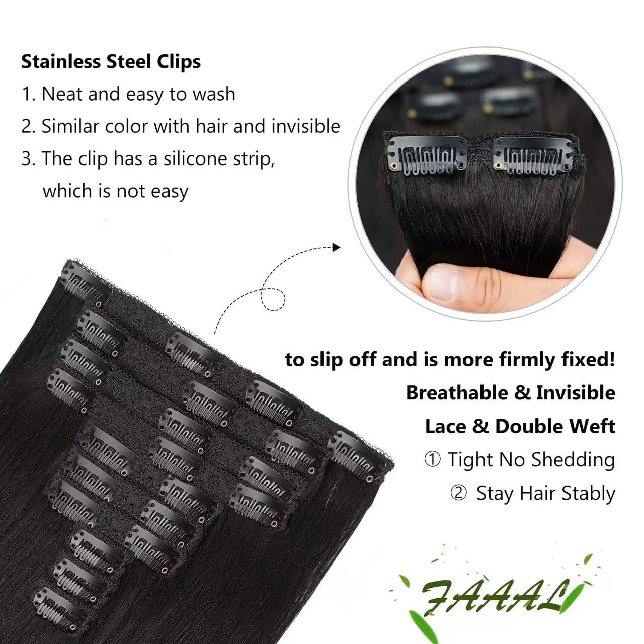 Detalle de 22" Clip-In Human Hair Extensions Full Head 200g (1B) — Double Weft, Natural Black