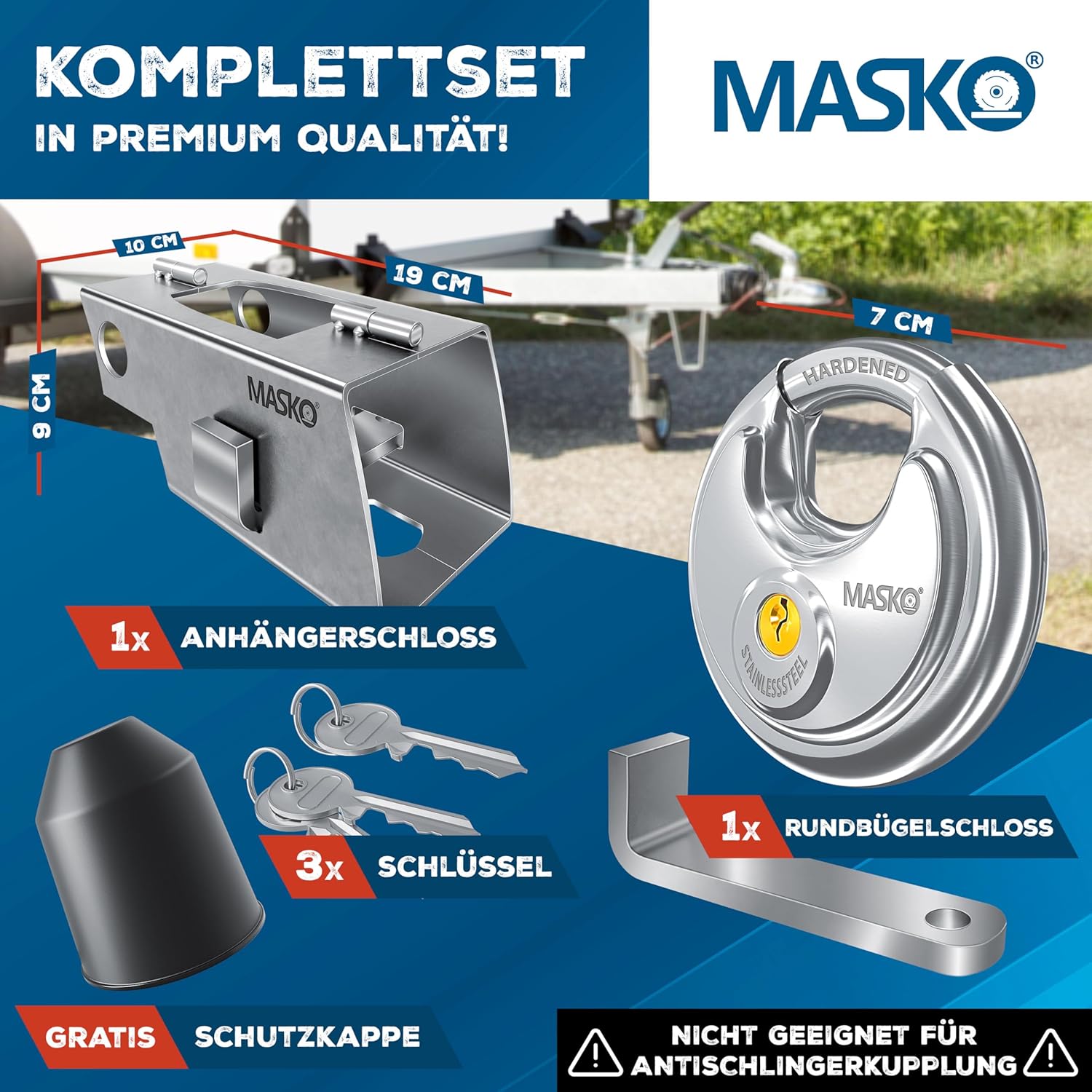 Thumbnail 1 de MASKO Anhängerschloss mit Scharniersystem – Diebstahlschutz für angekoppelte & abgekoppelte Anhänger, Silber