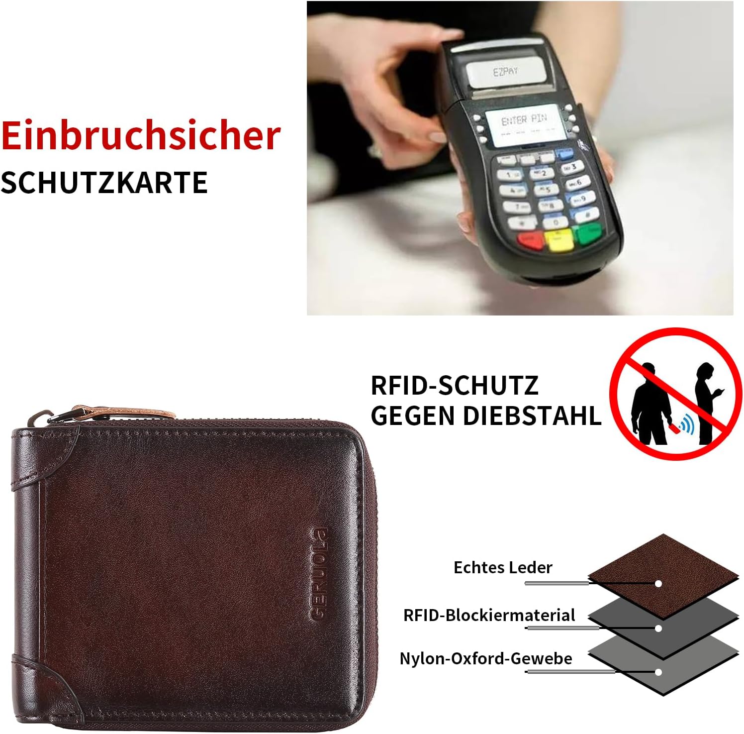 Thumbnail 4 de GERUOLA Herren Leder-Geldbörse mit umlaufendem Reißverschluss, RFID-Schutz und Münzfach (Kaffee)