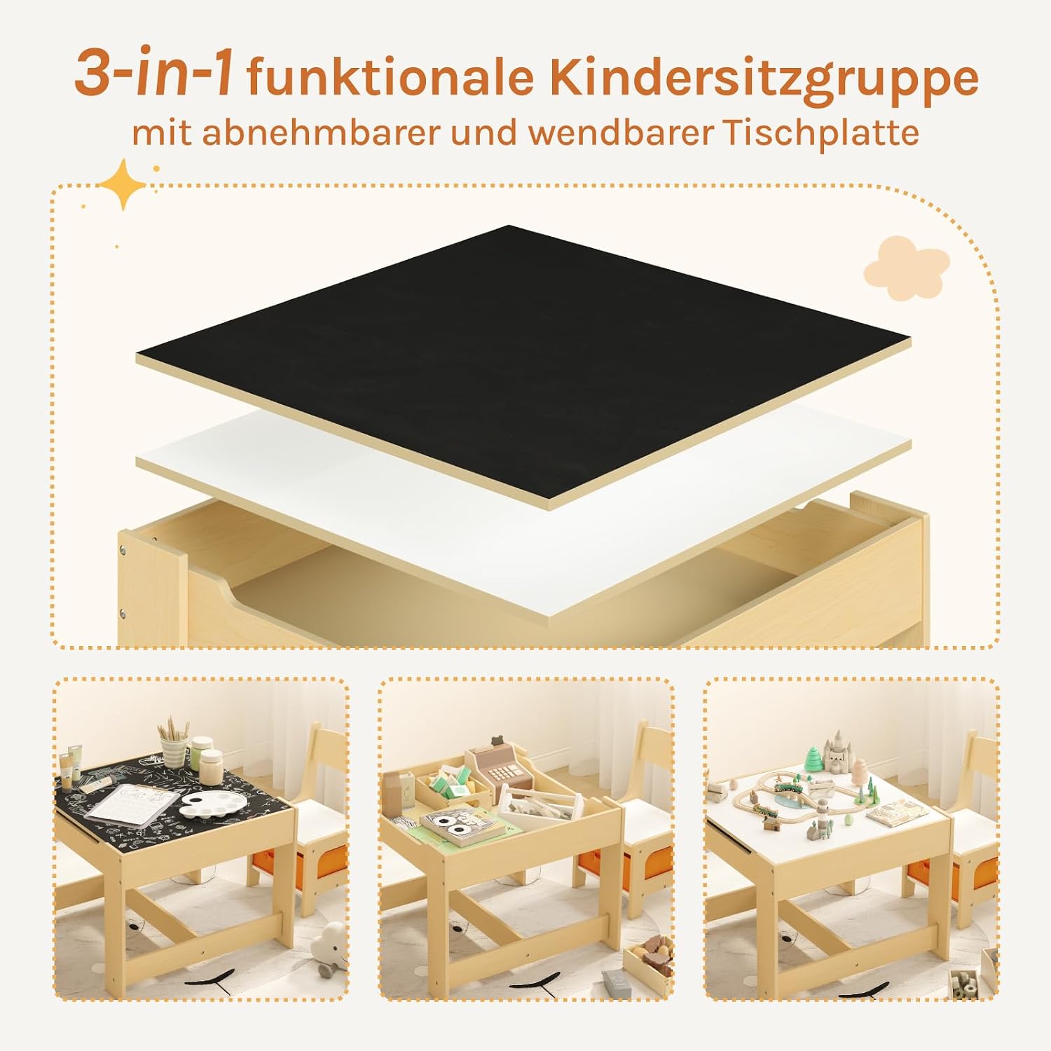 Detalle de WOLTU Kindersitzgruppe (3-tlg.) mit Kindertisch, Kreidetafel & Stauraum