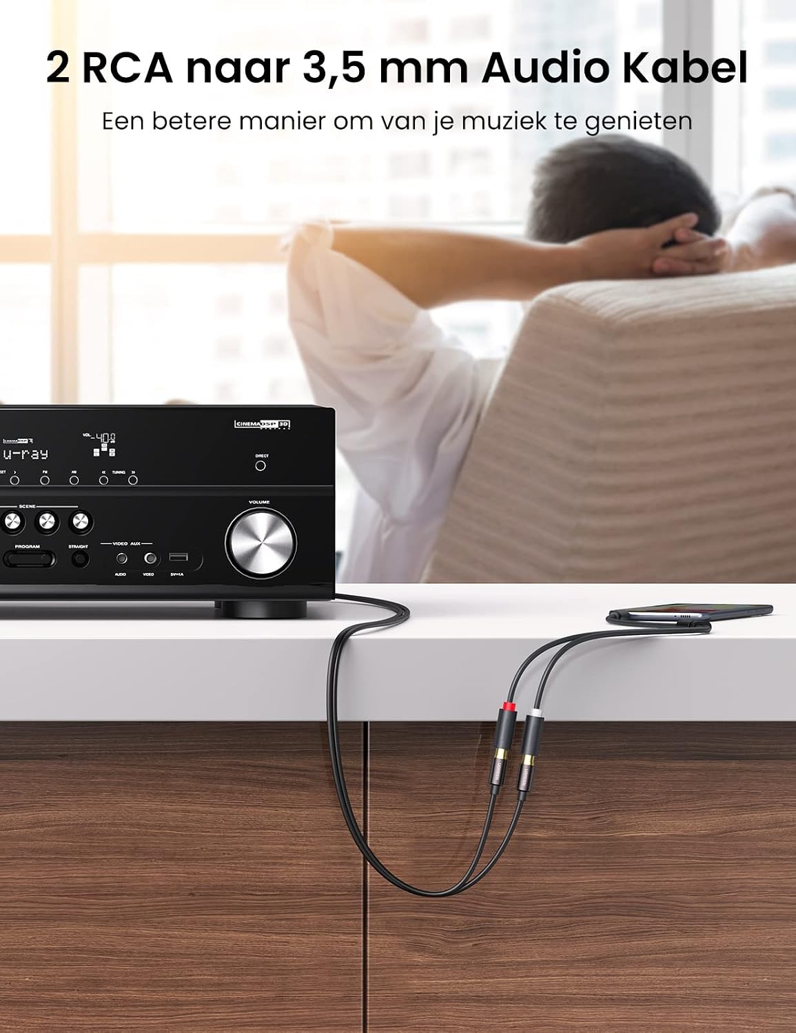 Detalle de UGREEN 3,5mm-jackadapter naar 2 cinchbussen, stereo, 20 cm