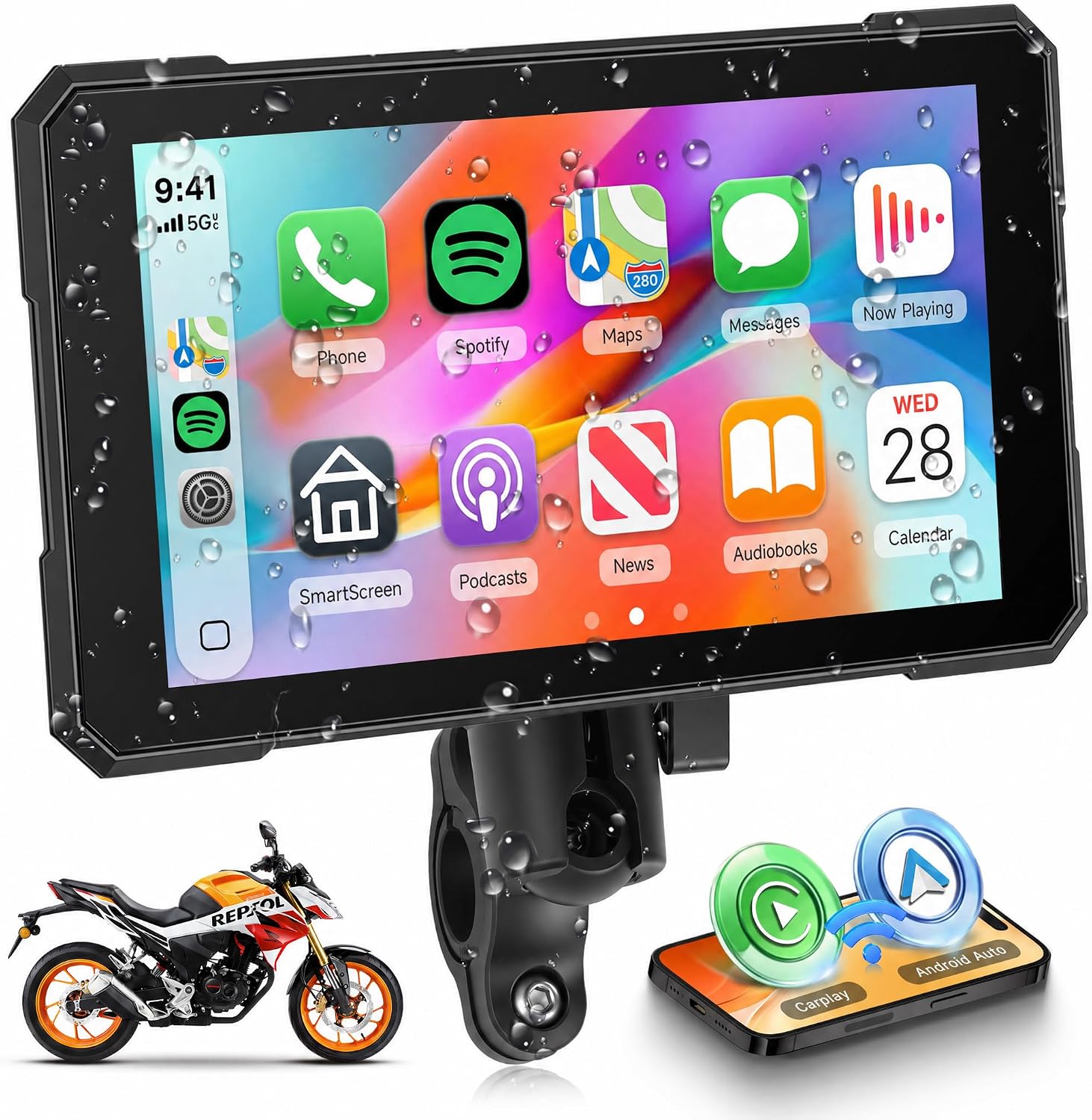 Detalle de Rimoody Wireless Carplay Display per Motociclo 5'' — Schermo Touchscreen IP68, CarPlay e Android Auto Wireless