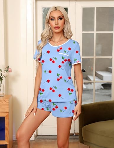 Detalle de Ekouaer Two-Piece Women's Pajama Set with Chest-Pocket Top and Drawstring Shorts