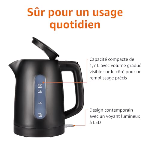 Detalle de Amazon Basics Bouilloire Électrique 1,7 L – 2200 W, Base 360°, Arrêt Automatique et Filtre Anti-Calcaire Amovible