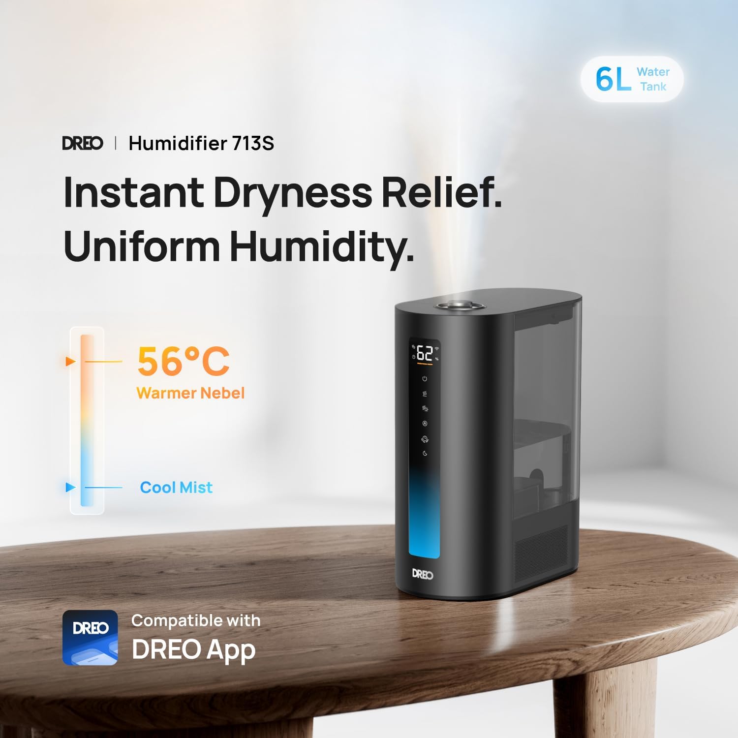 Detalle de DREO 6L Smart Humidifier for Large Room (HM713S): Warm and Cool Mist with App Control
