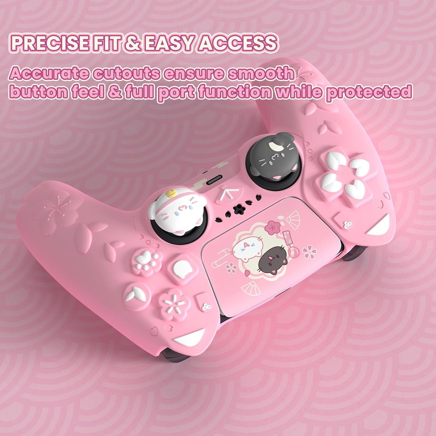 Detalle de PlayVital Cherry Blossoms Cat Skin for PS5 Controller – Anti-slip Silicone Case with Cat Ears, Thumb Grips & Stickers