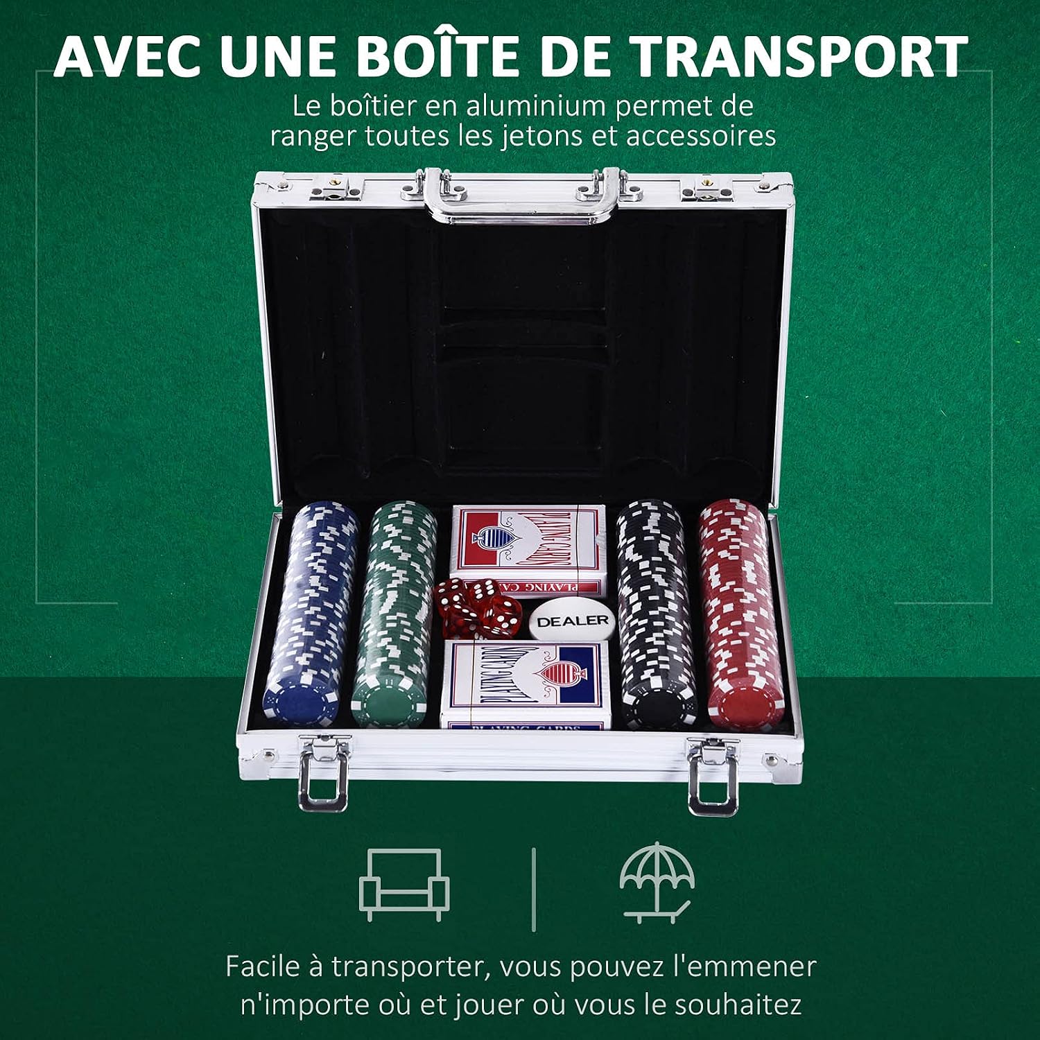 Thumbnail 2 de Mallette de Poker HOMCOM Coffret de Poker Complet – 200 jetons et accessoires en aluminium