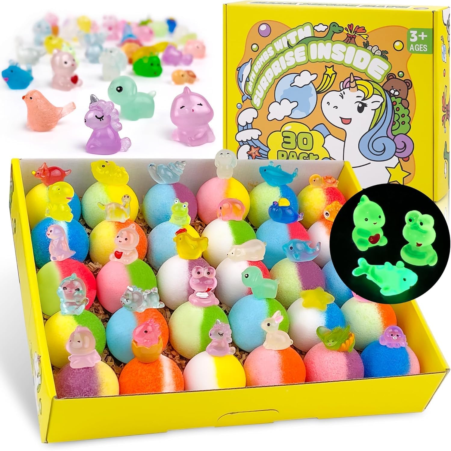 BadBomben für Kinder mit Spielzeug innen – 30 Stück, Glow-in-the-Dark Überraschung, natürliche und organische Schaum-Bäder