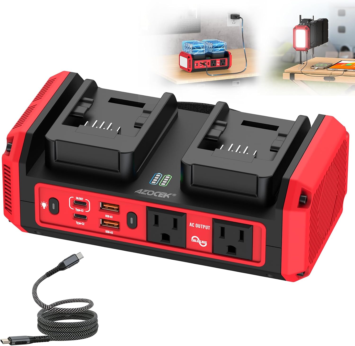 Detalle de Azocek 350W Power Inverter for Milwaukee 18V Batteries, Pure Sine Wave