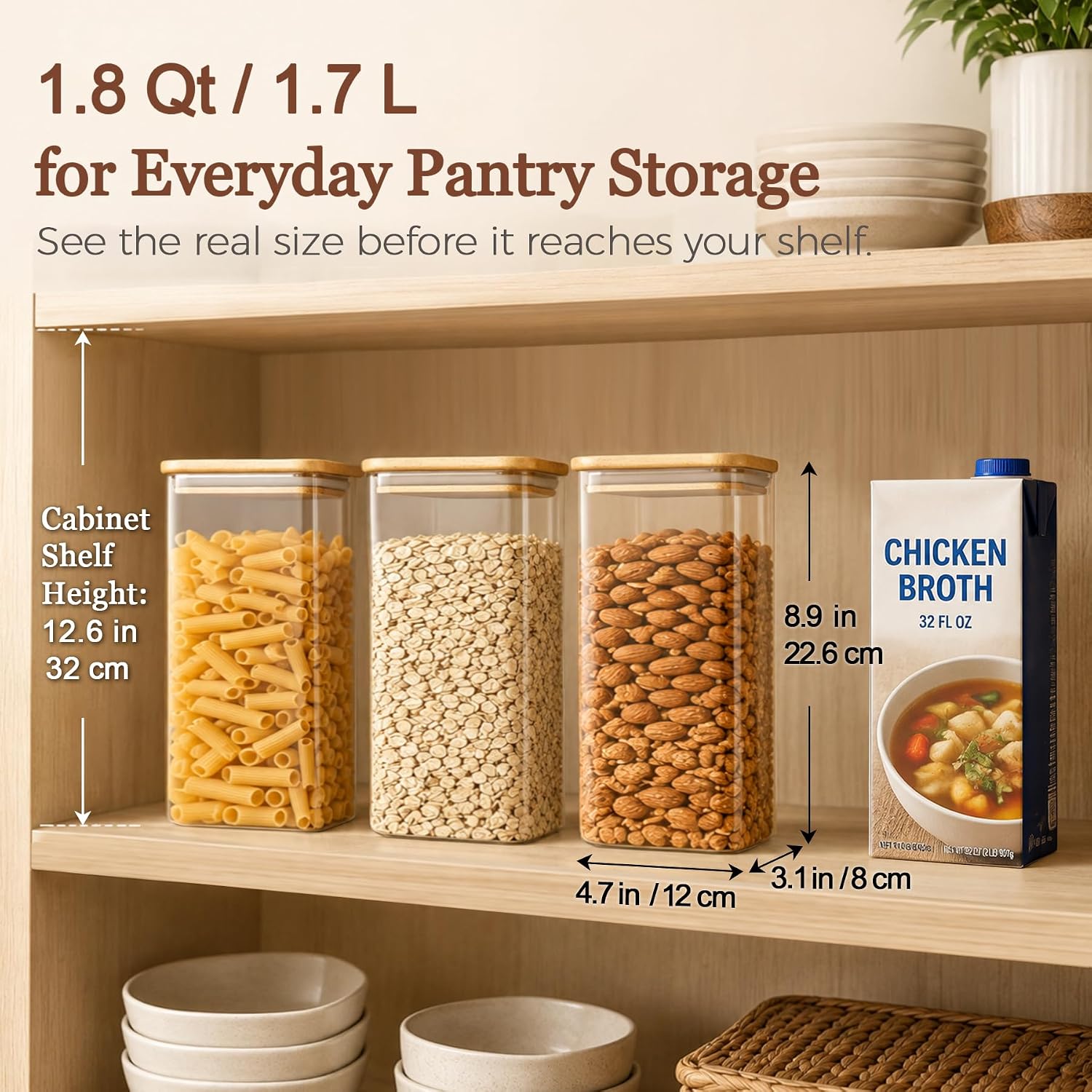 Thumbnail 2 de ComSaf 1.8 Qt Rectangle Glass Storage Containers (with Lids & Bamboo-Style Lids) for Pantry Organization
