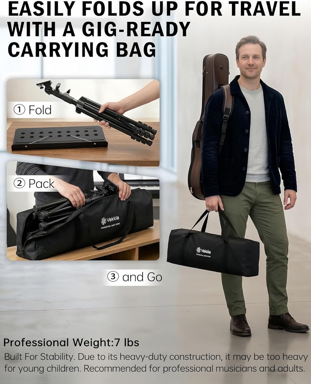 Detalle de Vekkia Professional Sheet Music Stand with Carrying Bag (80-142 cm)