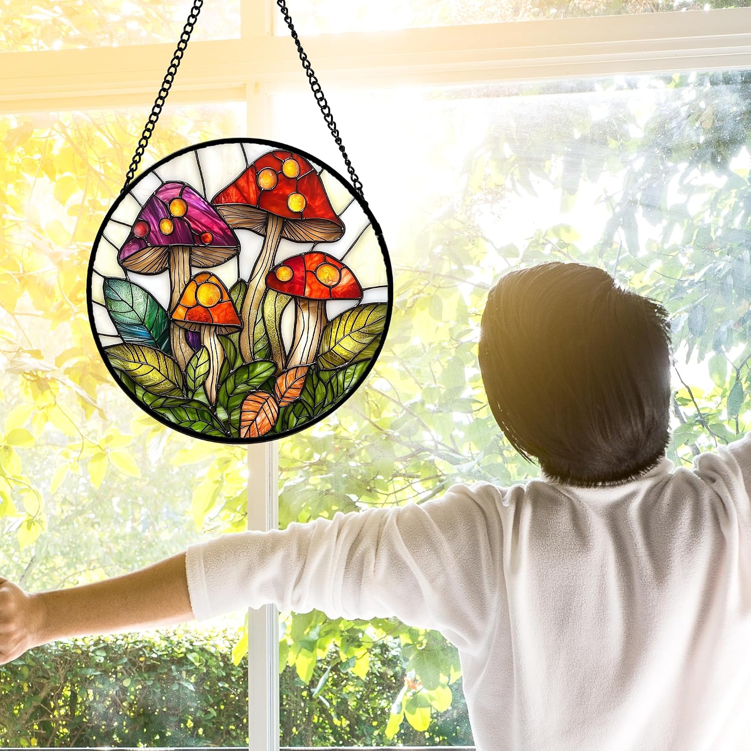 Detalle de DASTOLL Mushroom Leaves Glass Suncatcher, 9.8-Inch Window Hanging