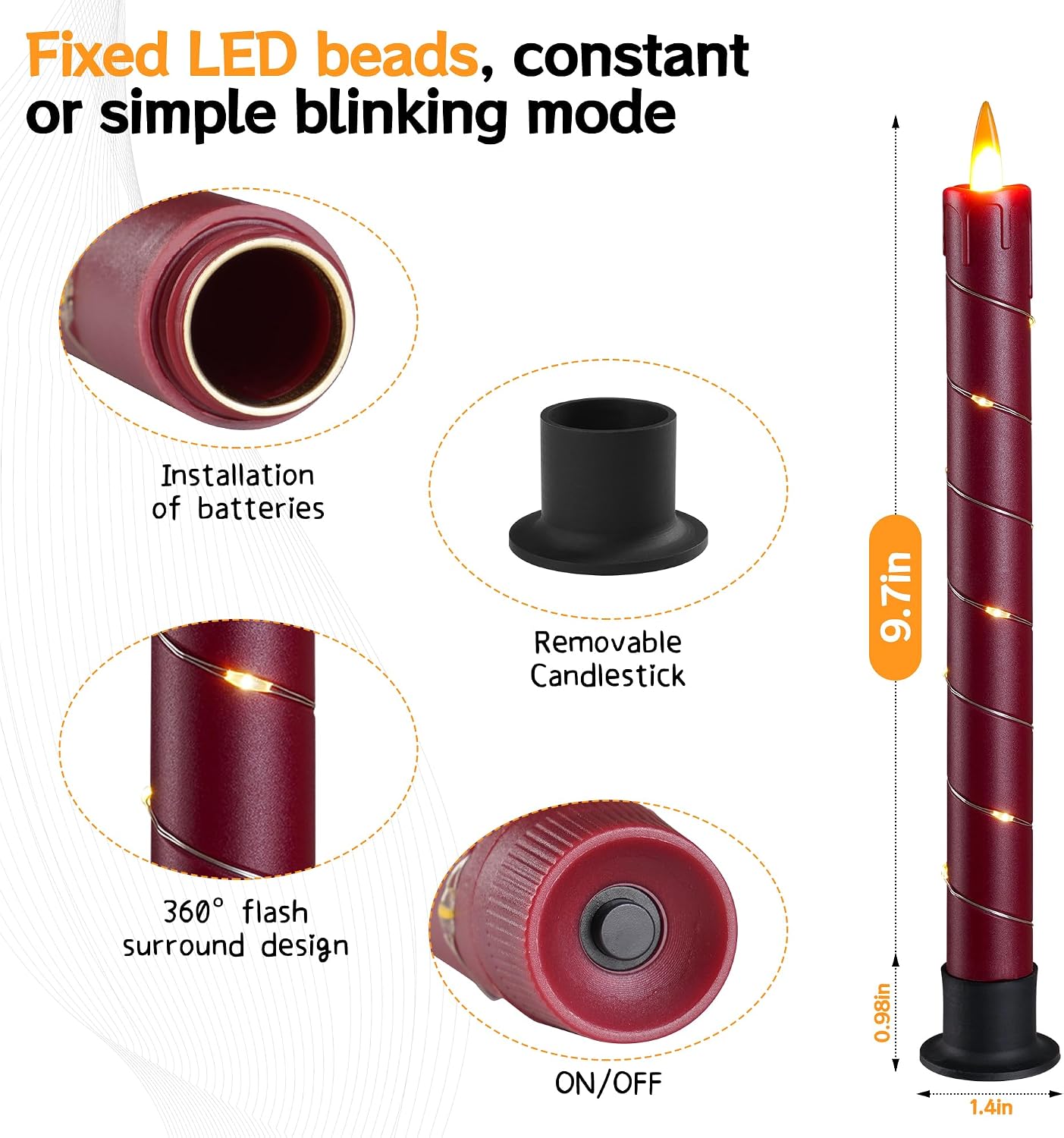 Detalle de Da by 3 Pcs Flickering Flameless Battery Operated Taper Candle Red with Remote