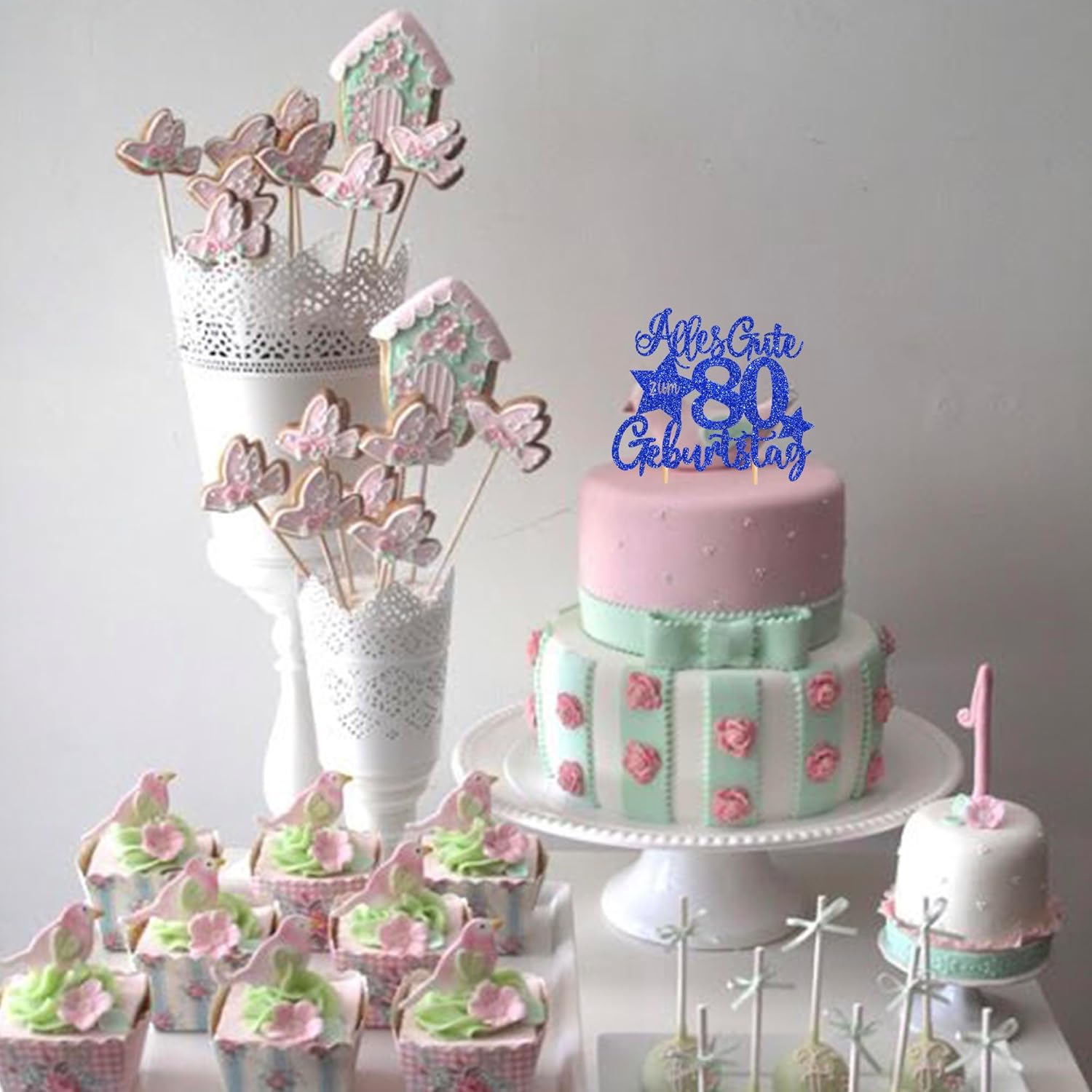 Thumbnail 3 de 80er Geburtstag Kuchen Topper – 1 Stück Blau, Alles Gute zum 80. Geburtstag, fertige Tortendekoration