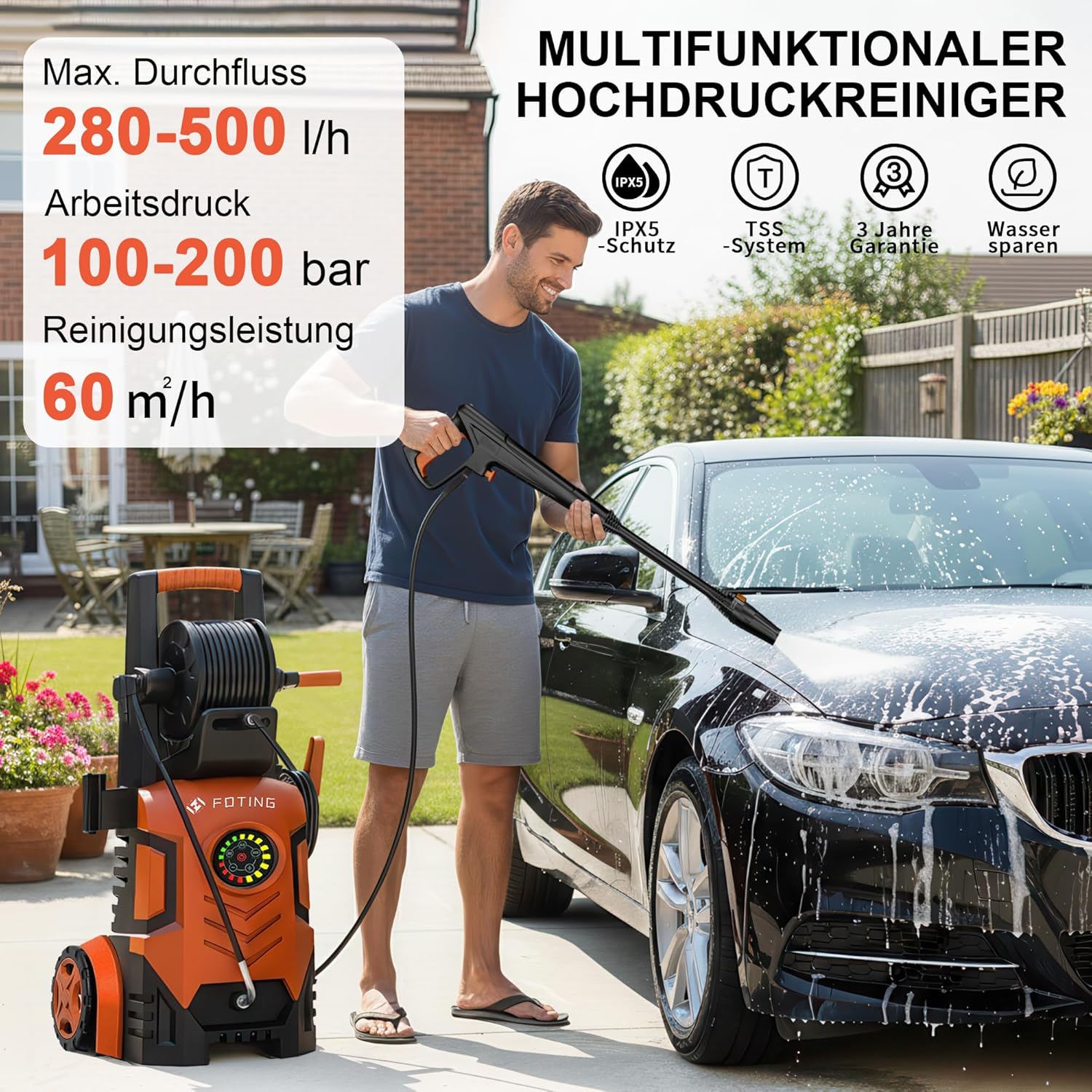 Thumbnail 1 de Hochdruckreiniger Touchscreen – 8-stufig, 200 bar, 6-in-1-Düse, Schaumkanone, 60 m²/h