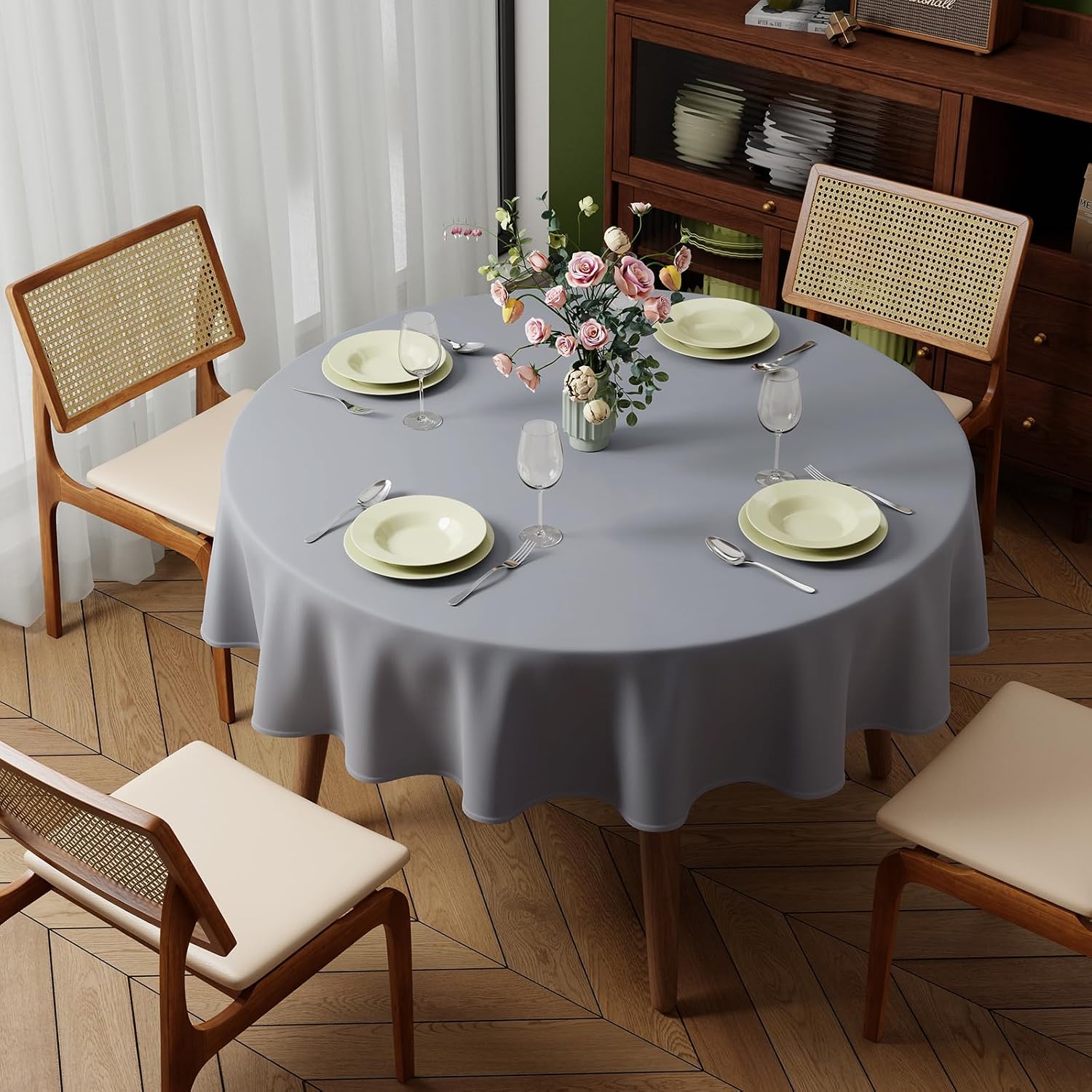 Detalle 2 de Zdada Rund Ø180 cm Grau: Abwaschbare, kratzfeste Polyester-Tischdecke mit Fleckschutz
