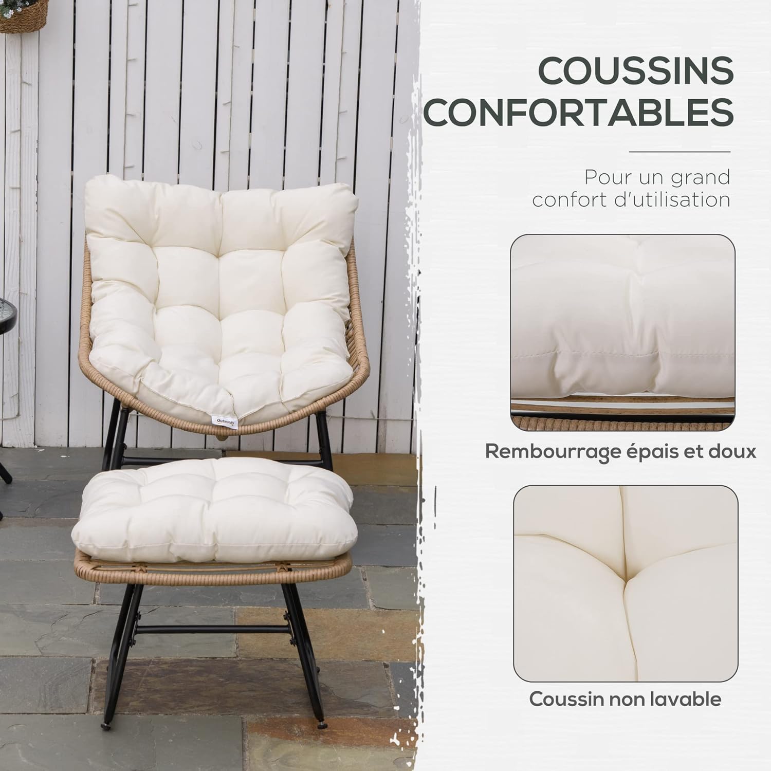 Thumbnail 4 de Outsunny Fauteuil Chaise de Jardin avec Repose-Pieds en métal époxy et résine tressée – Naturel