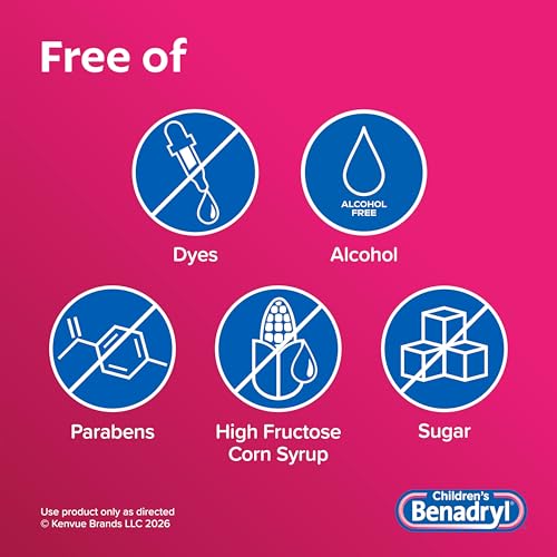 Detalle de Children's Benadryl Liquid Medicine (4 fl oz) – Dye-Free Allergy Relief for Kids