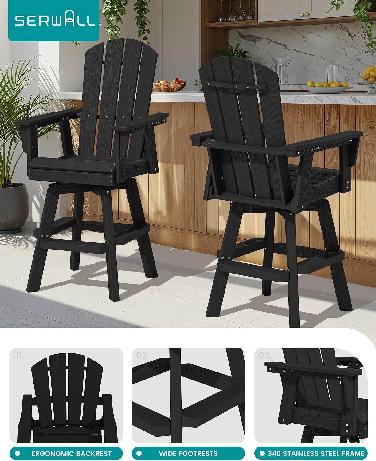 Detalle de SERWALL A041-204 Swivel Adirondack Bar Chairs, Set of 2, Black HDPE