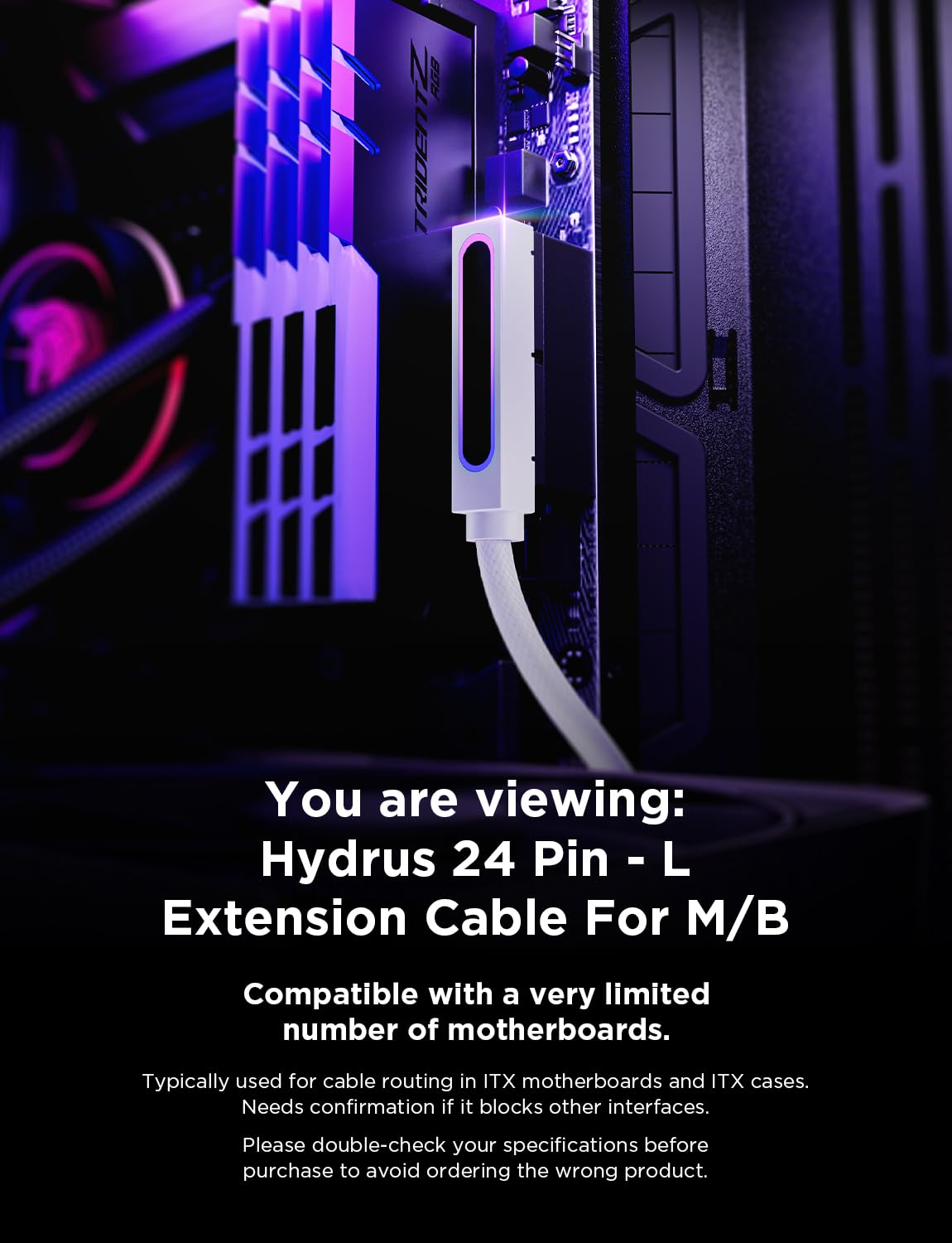 Detalle de AsiaHorse Hydrus 24-Pin ATX Verlängerungskabel (90° nach unten, 30 cm, 18AWG sleeved) – nur für ITX/Spezialbauten, Platz prüfen