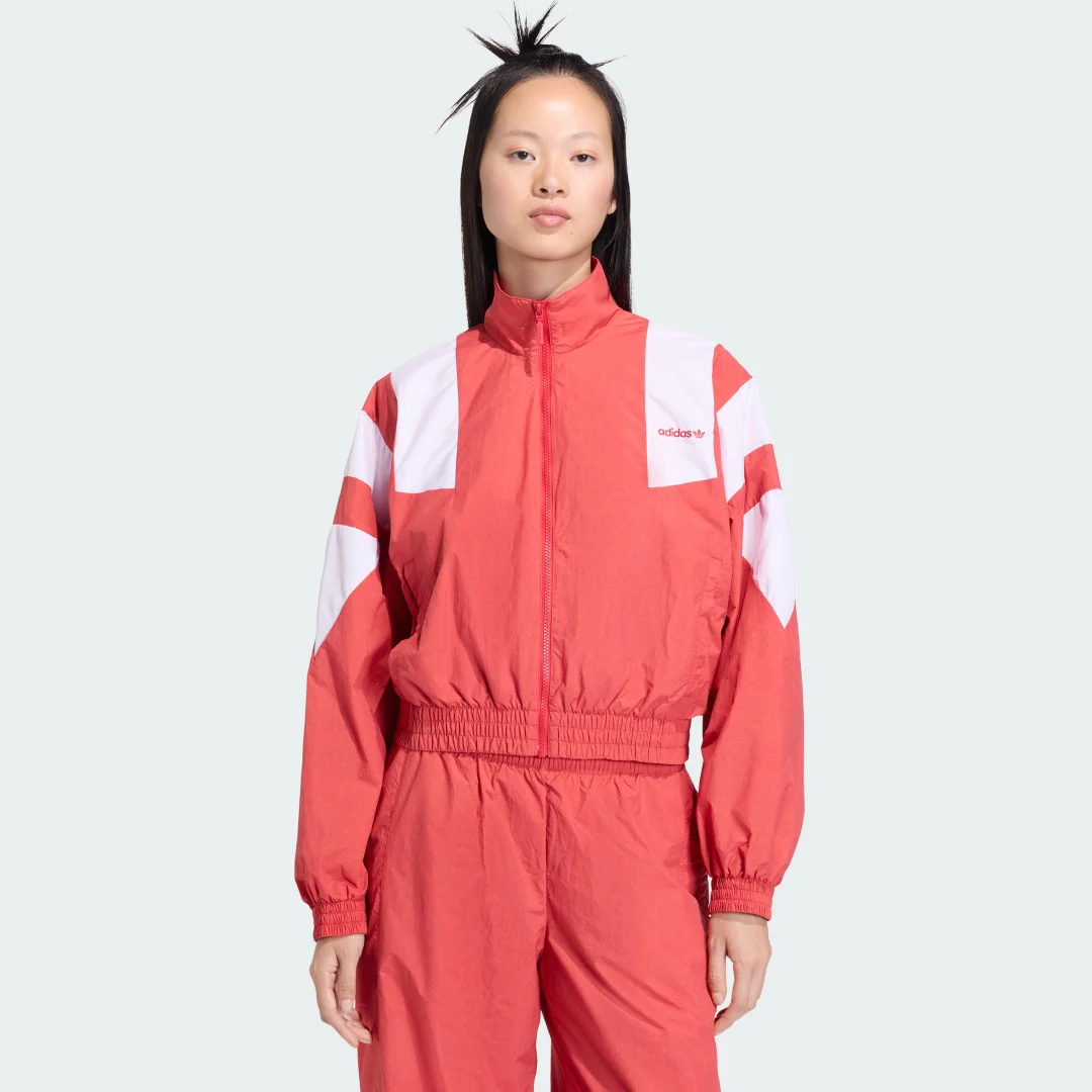Detalle de Chaqueta deportiva Adidas efecto lavado con cremallera y bloques de colores — Rojo