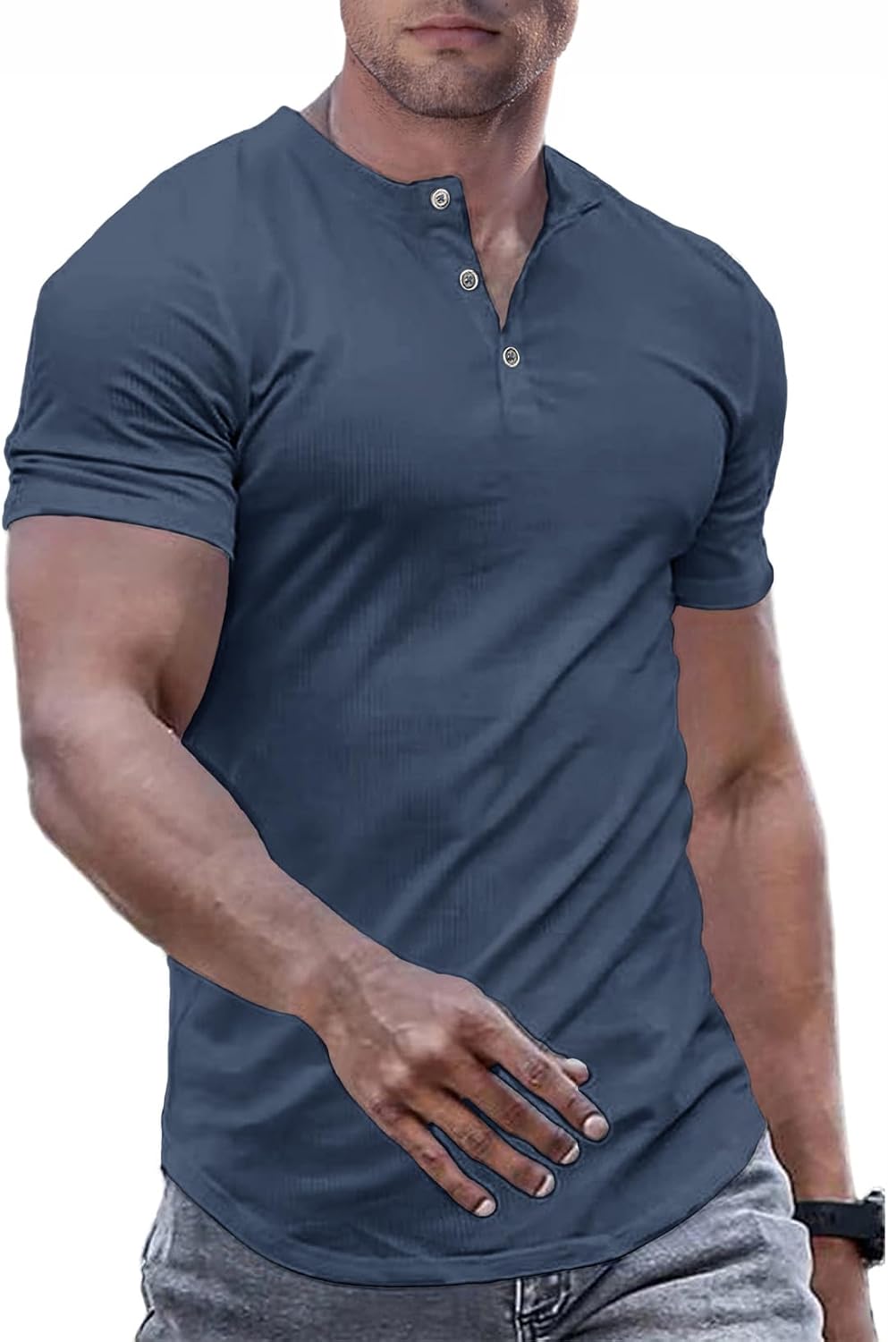 Detalle de JMIERR Men’s Muscle Slim Henley T-Shirt (Crewneck Longline) with Button Placket