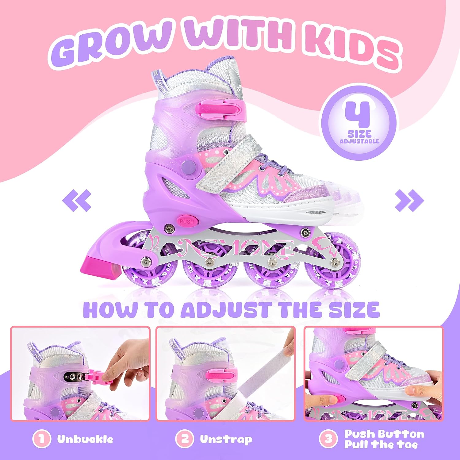 Detalle de NEMONE Girls Adjustable Inline Skates with Light-Up Wheels for Kids