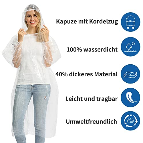 Detalle de Opret 20 Stück Durchsichtig Regenponcho – Wasserdicht, leicht, mit Kapuze und Elastikbündchen