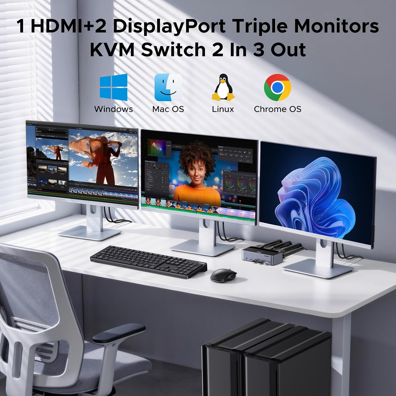 Thumbnail 1 de UGREEN HDMI + DisplayPort 8K@60Hz KVM Switch for 3 Monitors and 2 Computers