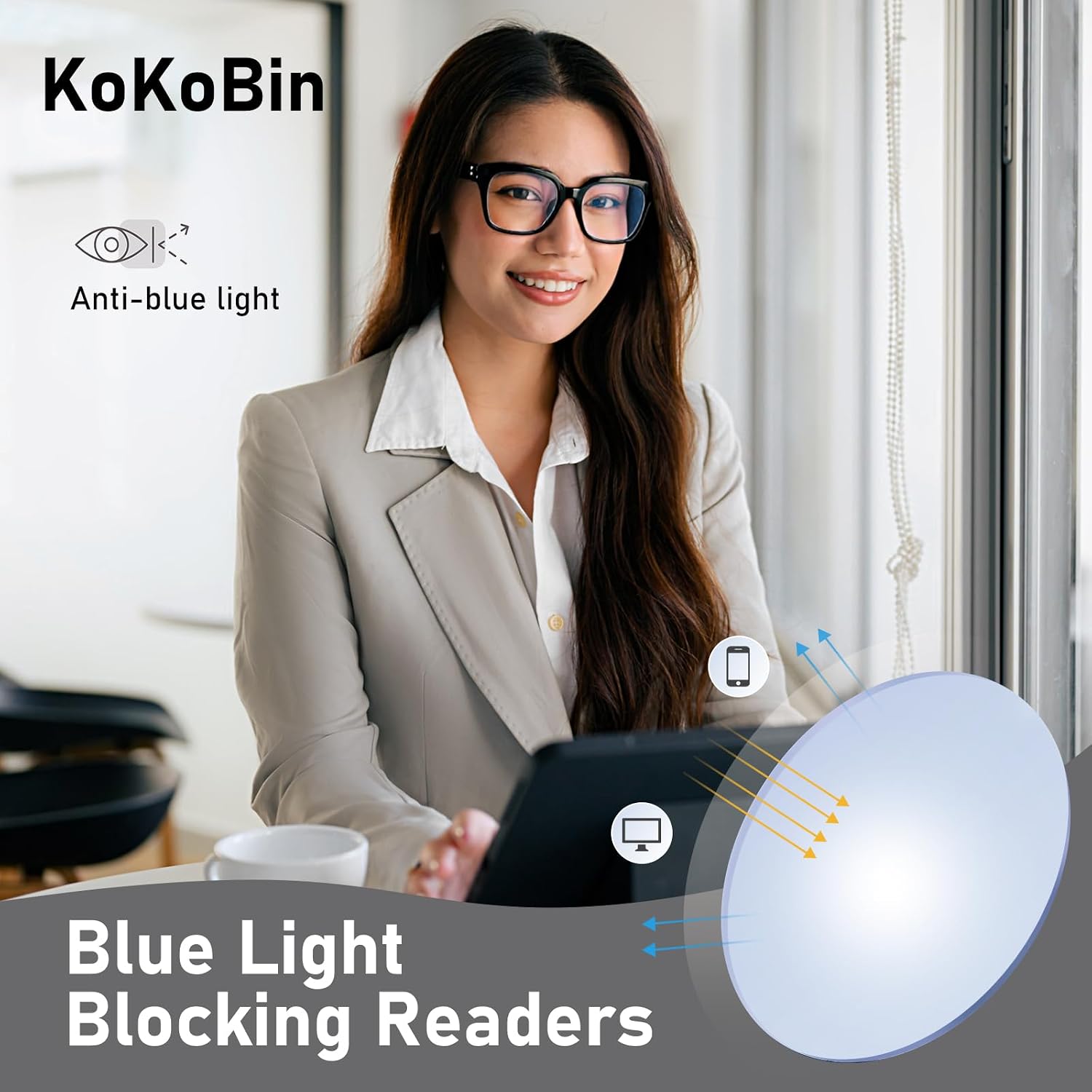 Detalle de KoKoBin 3 Pack Oversized Reading Glasses for Women – Blue Light Blocking, Large Frames