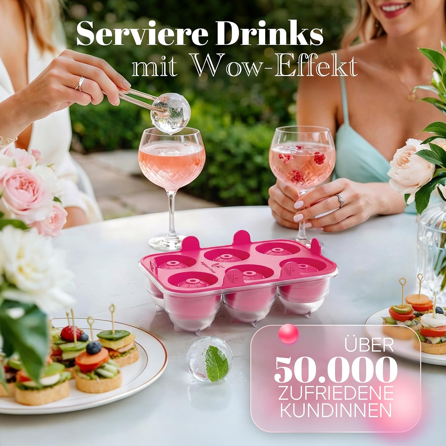 Detalle 2 de Neighbour’s Friend® Pink Eiskugelform XL 2er Set – Große Platinsilikon-Eiswürfel für Cocktails, Infused Water und More