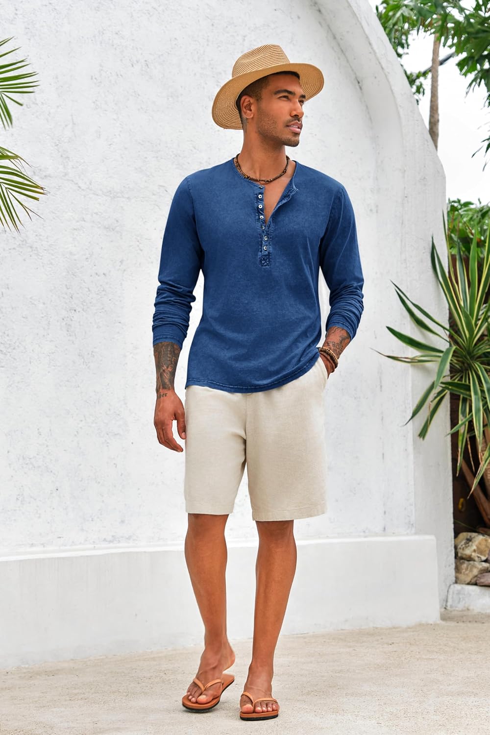 Detalle 2 de Beotyshow Herren Henley-Langarmshirt (Slim Fit) aus Baumwolle – Vintage Casual mit Knopfleiste