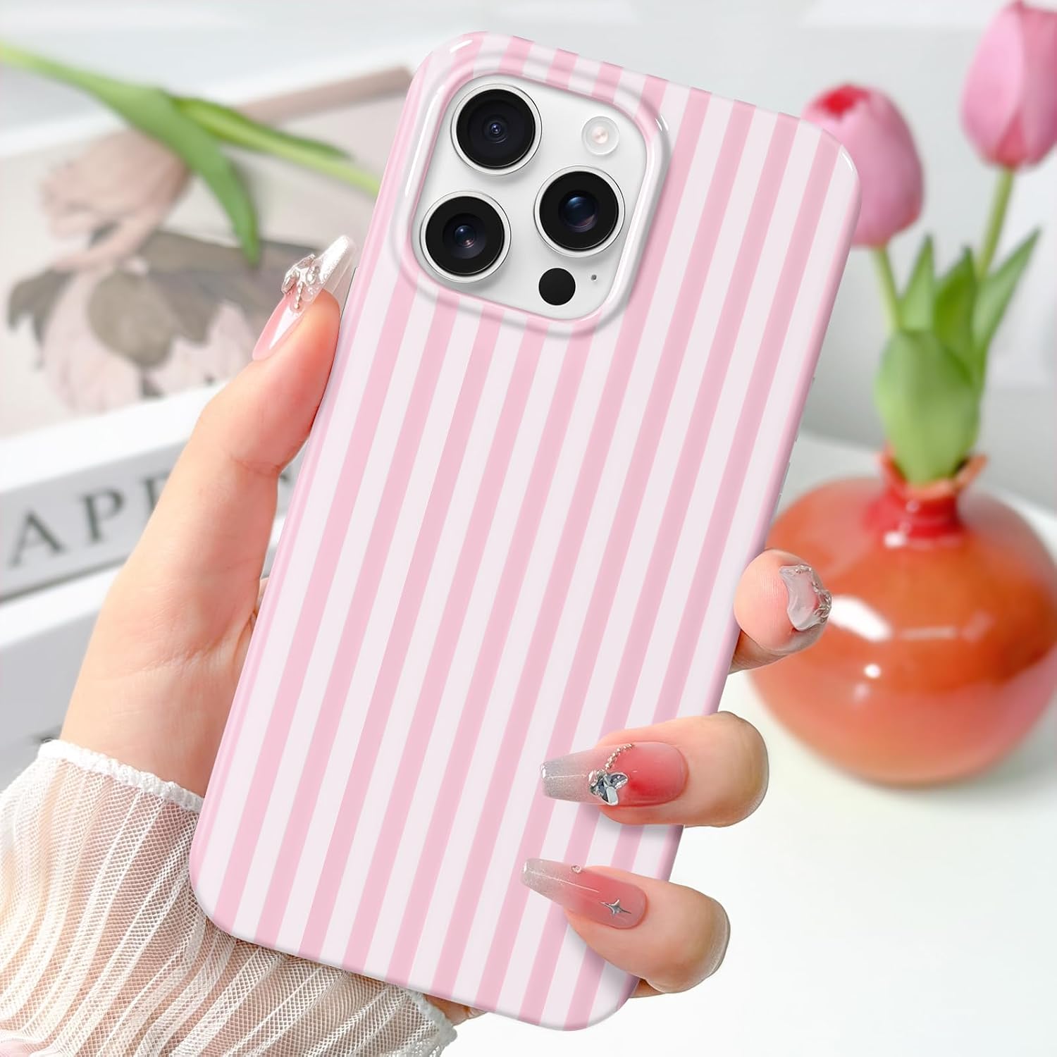 Detalle 2 de Hython iPhone 13 Pro Max Case, Pink and White Striped TPU