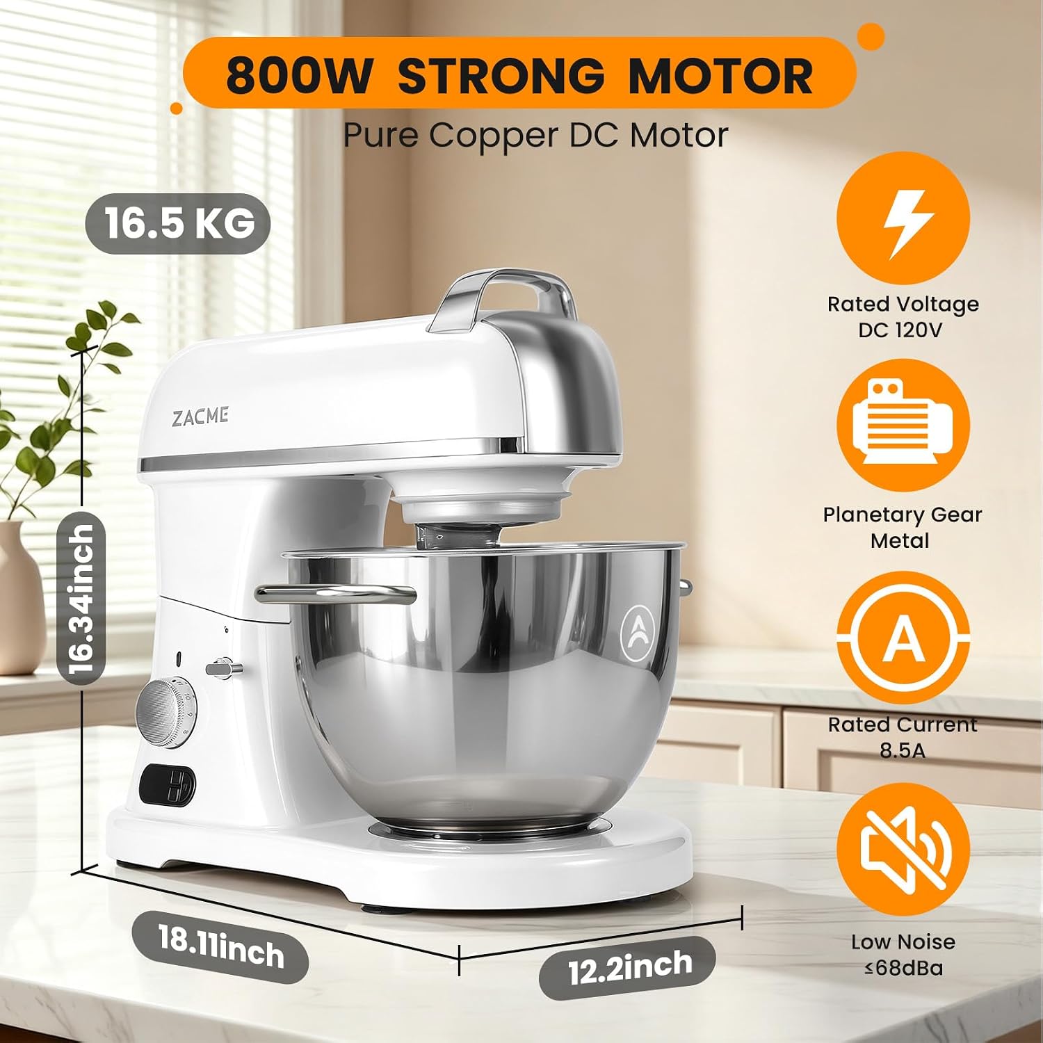 Thumbnail 5 de ZACME 8.4QT Commercial Mixer 800W-Porcelain Stand Mixer with 11 Speeds