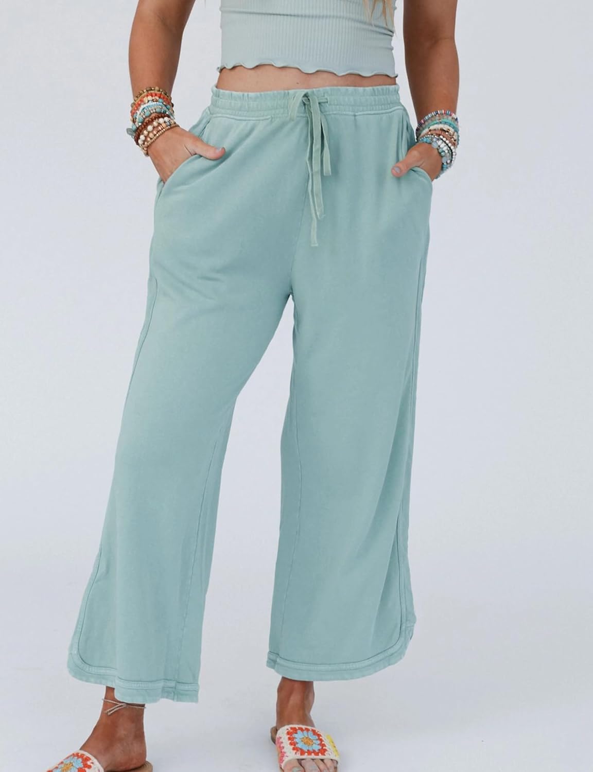 Detalle de Malajisi Women's Casual Wide Leg Pants with High Waist Drawstring