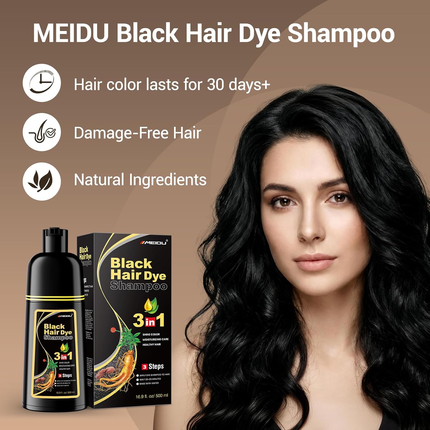 Detalle de IIIMEIDU MEIDU Black Hair Dye Shampoo 3 in 1 — Gray Coverage, Semi-Permanent Color for Color-Treated Hair