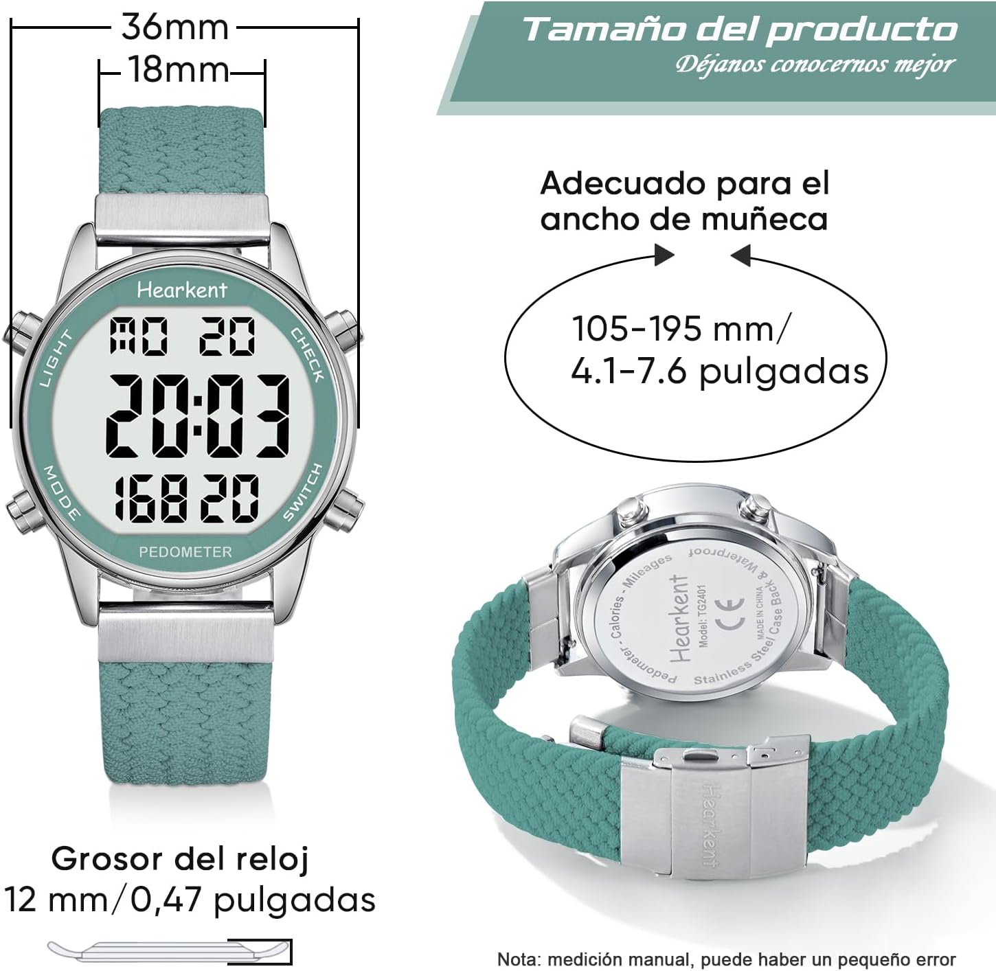 Thumbnail 6 de Reloj podómetro Hearkent para Mujer 2401 (Verde): pasos, calorías y distancia sin carga ni app