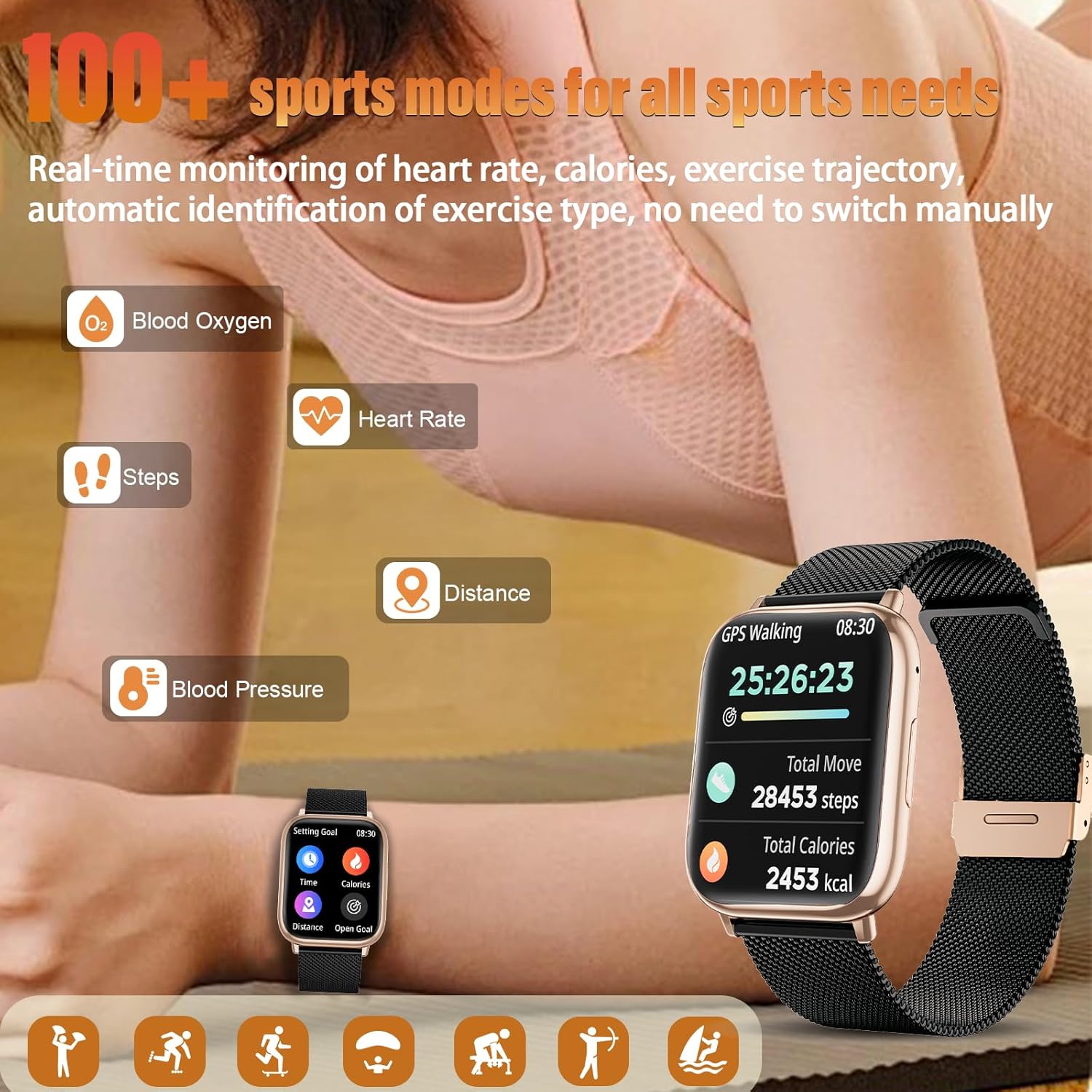 Detalle de SLOKSFil Smartwatch Donna con Chiamate Bluetooth e 120+ Modalità Sportive – Oro Nero