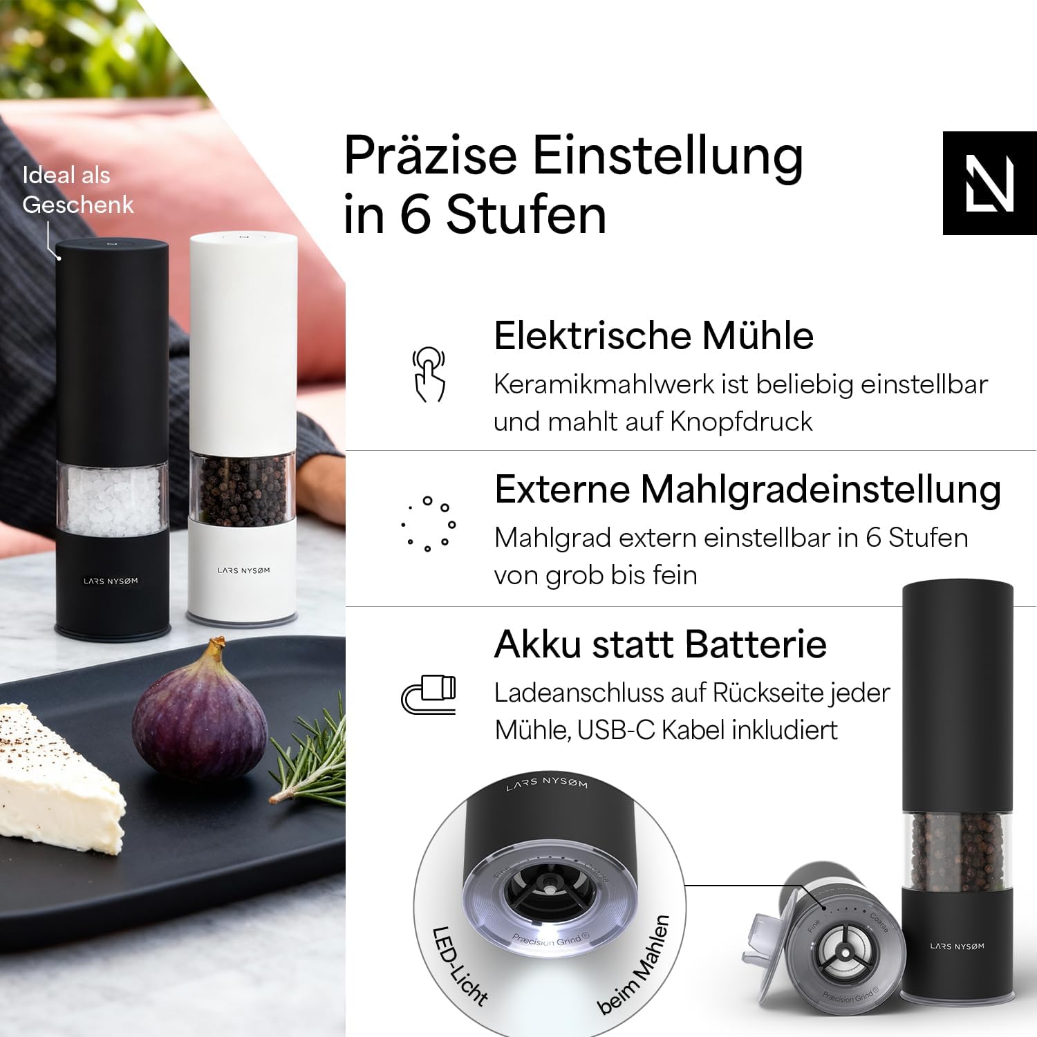 Detalle 2 de LARS NYSØM Salz- und Pfeffermühle Elektrisch 2er aus Edelstahl – USB-C, Keramikmahlwerk, LED-Licht